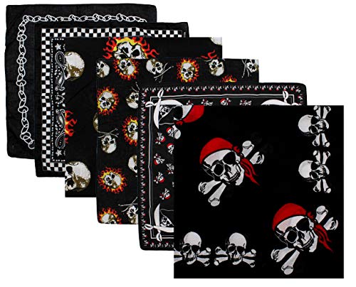 6 pcs Pañuelos Bandanas Pirata para Cuello Cabeza o Pulsera Multiusos para Hombres Mujeres Unisex Moscota 100% Algodón （modelo al azar）