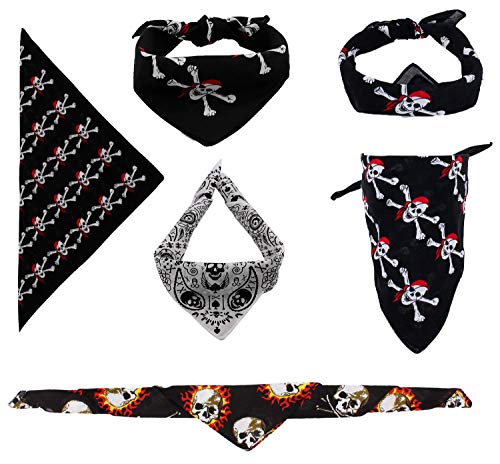 6 pcs Pañuelos Bandanas Pirata para Cuello Cabeza o Pulsera Multiusos para Hombres Mujeres Unisex Moscota 100% Algodón （modelo al azar）