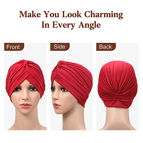 6 Piezas de Gorro Turbante para Mujeres Gorro Suaves de Algodón con Turbante Gorro Plisado Gorro de Pérdida de Cabello (Rojo de Vino, Azul, Rojo de Rosa, Blanco, Azul Real, Naranja)