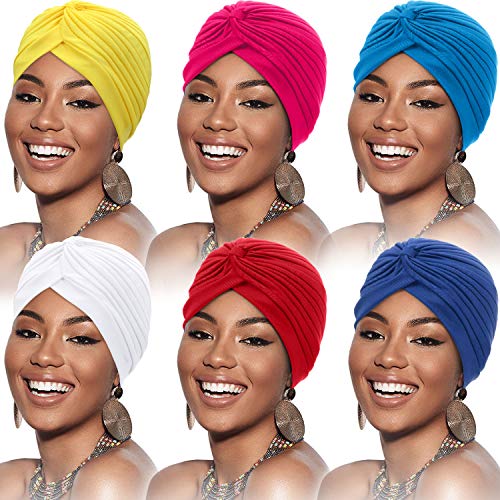 6 Piezas de Gorro Turbante para Mujeres Gorro Suaves de Algodón con Turbante Gorro Plisado Gorro de Pérdida de Cabello (Rojo de Vino, Azul, Rojo de Rosa, Blanco, Azul Real, Naranja)