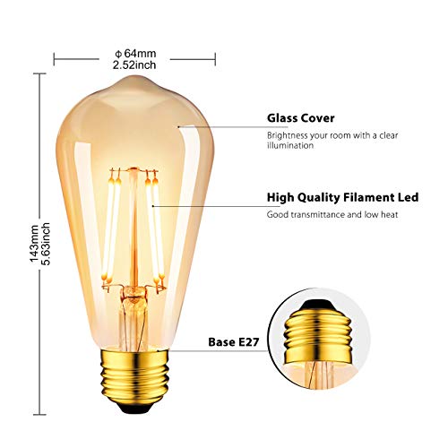 6 Unidades E27 Bombillas Oros Edison Filamento LED ST64 Retro Vintage - Equivalente a 35W, 410 Lúmenes, Color Blanco Cálido 2500K, El Ángulo del Haz de 300°. No Regulable - LVWIT.