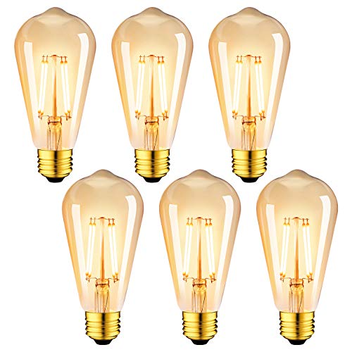 6 Unidades E27 Bombillas Oros Edison Filamento LED ST64 Retro Vintage - Equivalente a 35W, 410 Lúmenes, Color Blanco Cálido 2500K, El Ángulo del Haz de 300°. No Regulable - LVWIT.