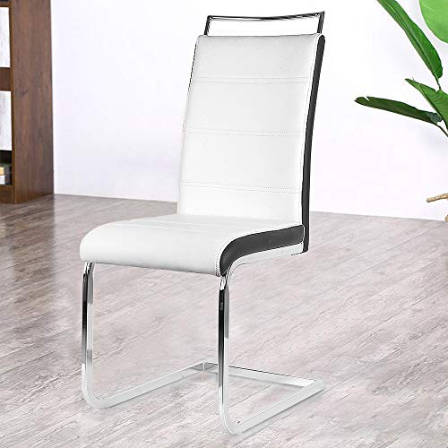 6 x Silla Cantilever Altura 45cm, Köln Silla Cantiléver Cuero Sintético y Metal Cromado Sillas de Comedor Modernas, Altura del Respaldo: 56 cm, MAX Carga 120kg (6, Blanco Negro)