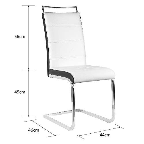 6 x Silla Cantilever Altura 45cm, Köln Silla Cantiléver Cuero Sintético y Metal Cromado Sillas de Comedor Modernas, Altura del Respaldo: 56 cm, MAX Carga 120kg (6, Blanco Negro)