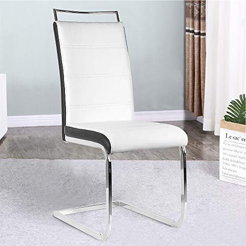 6 x Silla Cantilever Altura 45cm, Köln Silla Cantiléver Cuero Sintético y Metal Cromado Sillas de Comedor Modernas, Altura del Respaldo: 56 cm, MAX Carga 120kg (6, Blanco Negro)