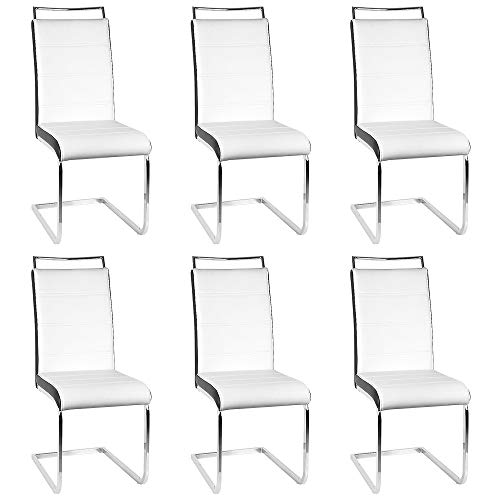 6 x Silla Cantilever Altura 45cm, Köln Silla Cantiléver Cuero Sintético y Metal Cromado Sillas de Comedor Modernas, Altura del Respaldo: 56 cm, MAX Carga 120kg (6, Blanco Negro)