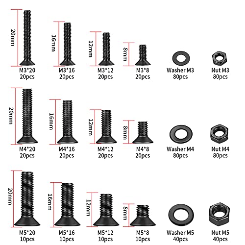 600 tornillos de cabeza plana hexagonal y tornillos de tuerca avellanados, M3 M4 M5 tuercas y arandelas kit surtido de tornillos de máquina con llave Allen