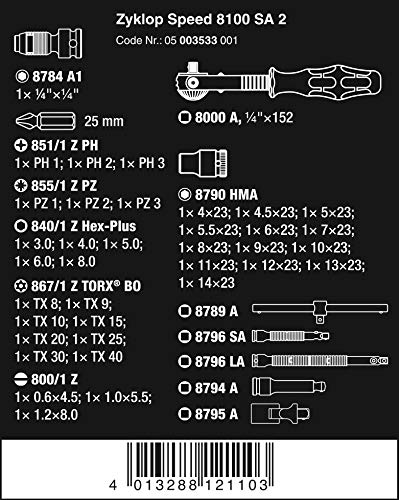 8100 SA 2 Juego de carraca Zyklop Speed, cuadradillo de 1/4", métrico, 42 piezas