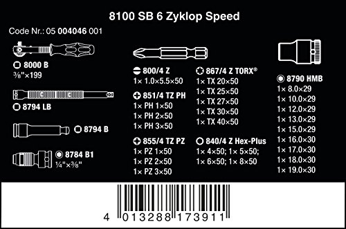 8100 SB 6 Juego de carraca Zyklop Speed cuadradillo de 3/8", métrico, 29 piezas