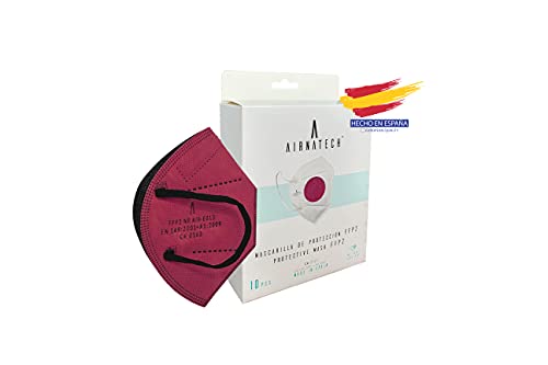 A AIRNATECH Mascarillas FFP2 Granate pack de 10 unidades. Marcado CE0161 Homologadas - Normativa EN149: 2001+A1: 2009 - 5 Capas de 95% Filtración - Mascarilla ffp2 protección respiratoria