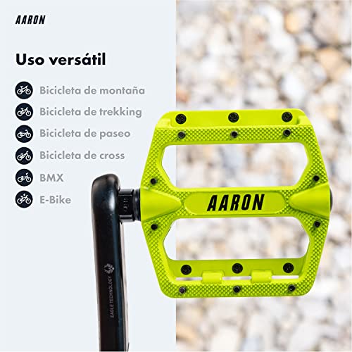 AARON Rock - Pedales de MTB con rodamientos sellados de Calidad - Superficie Antideslizante con Pins Intercambiables - Amarillo