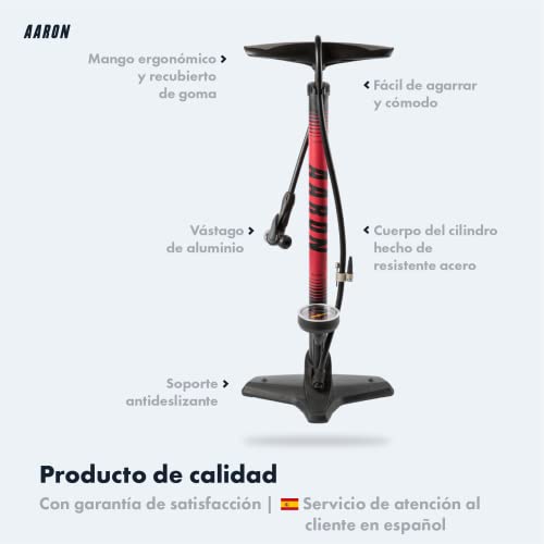 AARON Sport One - Bomba de pie para Bicicleta manómetro para Todo Tipo de válvulas, con Accesorio para Pelotas, Amarillo (Rojo)