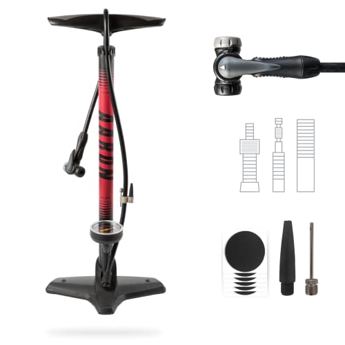 AARON Sport One - Bomba de pie para Bicicleta manómetro para Todo Tipo de válvulas, con Accesorio para Pelotas, Amarillo (Rojo)