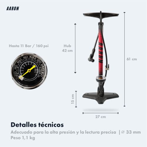 AARON Sport One - Bomba de pie para Bicicleta manómetro para Todo Tipo de válvulas, con Accesorio para Pelotas, Amarillo (Rojo)