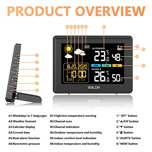 Abosea Estación Meteorológica Interior y Exterior con Sensor, Termómetro e Higrómetro de Pantalla a Color Digital, Monitor Profesional de Temperatura y Humedad Interior y Exterior (Negro)