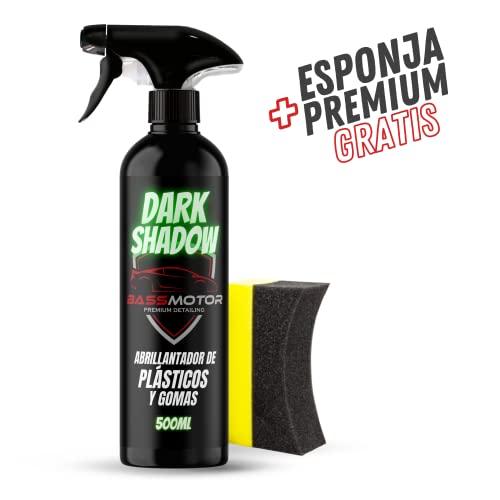 Abrillantador Hidratador de Plástico y Neumáticos Coche Moto Restaurador Gomas Viejas Recupera Brillo Negro Coche Interior y Exterior Uso Facil para Lavado en Casa BassMotor - Dark Shadow 500ml