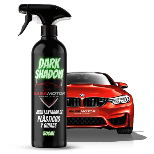 Abrillantador Hidratador de Plástico y Neumáticos Coche Moto Restaurador Gomas Viejas Recupera Brillo Negro Coche Interior y Exterior Uso Facil para Lavado en Casa BassMotor - Dark Shadow 500ml