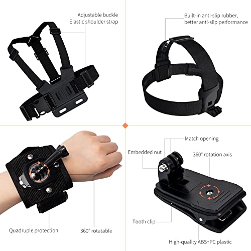 Accesorios Gopro, 8 en 1 Accesorios Camara Deportiva, Arnes Pecho Gopro, Correa de Cabeza, Muñequera Gopro, Mochila Clip, Estuche de Transporte, Compatible con Cámaras Deportivas Gopro