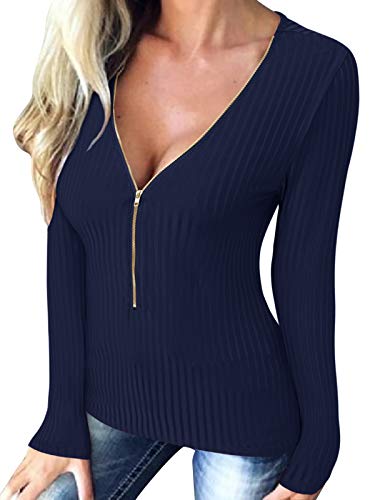 ACHIOOWA Camisa de Mujer Manga Larga Cremallera de Corte Bajo Tops Cuello V Sexy Casual Blusa Armada S