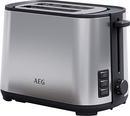 AEG T4-1-4ST - Tostadora de Doble Ranura - 925W, 7 Niveles de Potencia, Función Descongelar, Función Horneado, Soporte para Bollería, Bandeja Recogemigas Extraíble, Carcasa Acero Inox, Color Plata