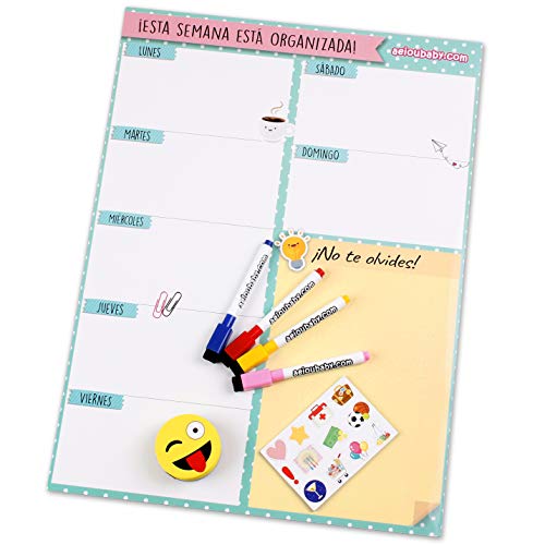 aeioubaby.com Planificador Semanal Magnético, 4 Rotuladores de Colores, 12 Imanes, 1 Borrador | Calendario Nevera 43x32cm Pizarra Cocina| Organizador Recordatorio Lista de la Compra Menú | Caja