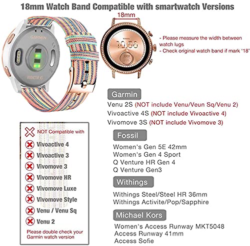 Ahayo Correa de reloj para Garmin Vivoactive 4S / Vivomove 3S / Venu 2S, 18 mm suave de nailon transpirable para mujer con palmadas de oro rosa para Fossil Gen 5E 42 mm, 18mm, Nylon,