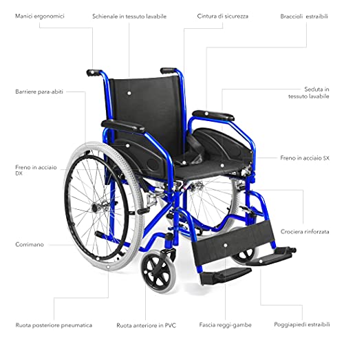 AIESI® Silla de Ruedas plegable ligera con autopropulsión para discapacitados y mayores AGILA EVOLUTION # Reposabrazos y Reposapiés extraíble # Cinturon de seguridad # Garantía de 24 meses