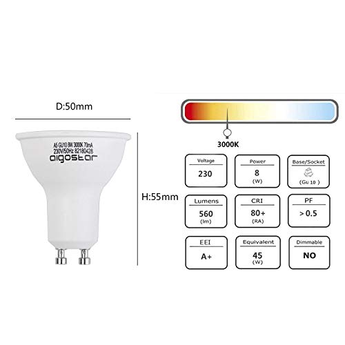 Aigostar - Bombilla LED 8W GU10, Luz calida 3000K, 560lm, Esmerilada, no regulable - Caja de 5 unidades