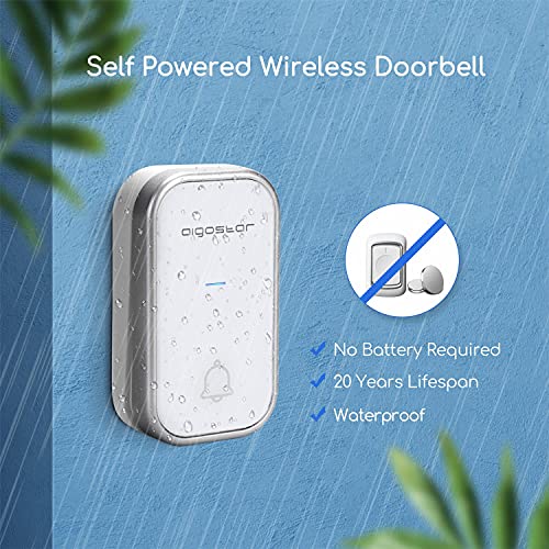 Aigostar Timbre Inalámbrico, Timbre de Puerta con Autoalimentado, Timbre Inalámbrico Exterior Impermeable con Indicadores LED, Resistente al Agua, 36 Melodías, 3 Niveles de Volumen, Blanco