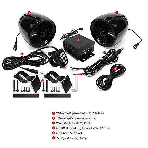 Aileap M150 Sistema de Audio con Amplificador de Moto con AUX, MP3, Radio FM, 4 Pulgadas de Altavoces estéreo Bluetooth Impermeables para Motocicletas ATV UTV RZR (Negro, Ventilador)