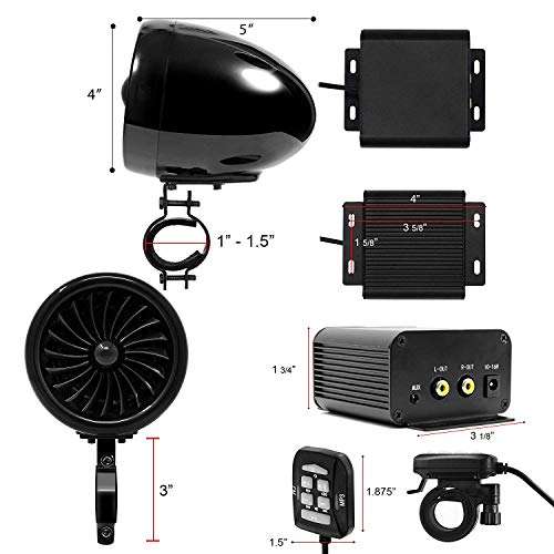 Aileap M150 Sistema de Audio con Amplificador de Moto con AUX, MP3, Radio FM, 4 Pulgadas de Altavoces estéreo Bluetooth Impermeables para Motocicletas ATV UTV RZR (Negro, Ventilador)