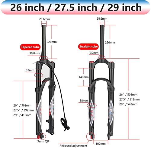 aiNPCde 26/27,5/29 Pulgadas Horquilla de Suspensión Aire MTB Viaje 140mm, FO01-RK21 Ajuste De Rebote 1-1/8 Horquillas Delanteras de Bicicleta para Montaña MTB XC Freno de Disco Bicicleta