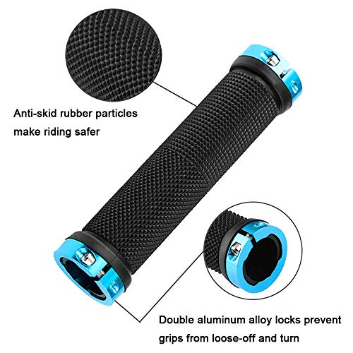 Aiqeer 2 Pares Puños Bicicleta Montaña, Puños Manillar Goma Antideslizante Ergonomicos, Puños Manillar Bici Doble Bloqueo, Empuñadura BMX, Puños MTB, para Mango con Diámetro 22 mm (Azul + Rojo)