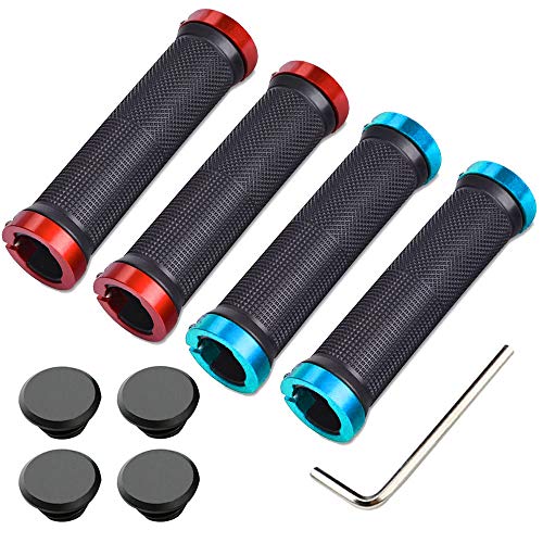 Aiqeer 2 Pares Puños Bicicleta Montaña, Puños Manillar Goma Antideslizante Ergonomicos, Puños Manillar Bici Doble Bloqueo, Empuñadura BMX, Puños MTB, para Mango con Diámetro 22 mm (Azul + Rojo)