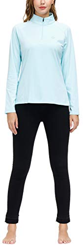 AjezMax Camiseta Deporte Mujer de Manga Larga Camisetas Corriendo Invierno Secado Rápido Sudadera de 1/4 Zip con Agujeros para los Pulgares Azul Claro Medium