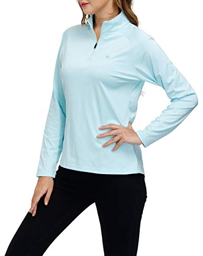 AjezMax Camiseta Deporte Mujer de Manga Larga Camisetas Corriendo Invierno Secado Rápido Sudadera de 1/4 Zip con Agujeros para los Pulgares Azul Claro Medium