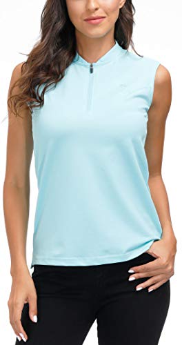 AjezMax Polo sin mangas para mujer, transpirable, para tenis, golf, fitness, deporte, con cremallera 1/4, azul, L