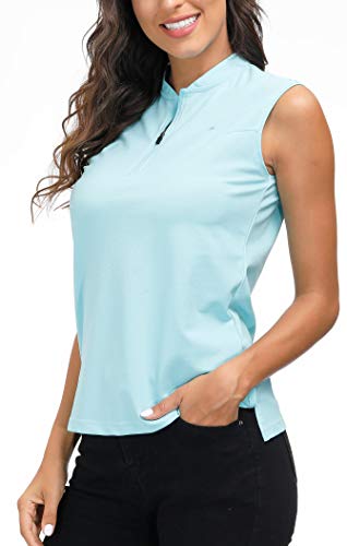 AjezMax Polo sin mangas para mujer, transpirable, para tenis, golf, fitness, deporte, con cremallera 1/4, azul, L