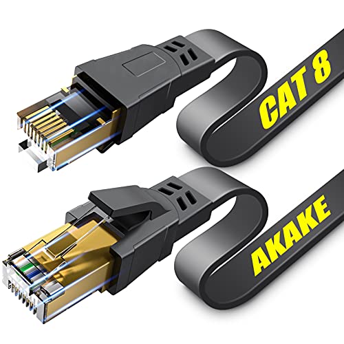Akake Cable Ethernet Cat 8, cable de red de Internet plano de alta velocidad de servicio pesado de 1M, cable LAN profesional, blindado en la pared, interior y exterior, negro