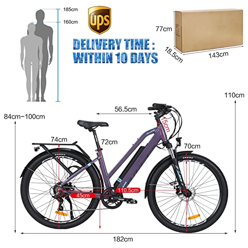 AKEZ Bicicleta eléctrica para mujer de 27,5 pulgadas, 250 W, 36 V, 12,5 Ah, batería de litio, bicicleta eléctrica para adultos con motor Bafang y engranajes Shimano de 7 velocidades, color morado