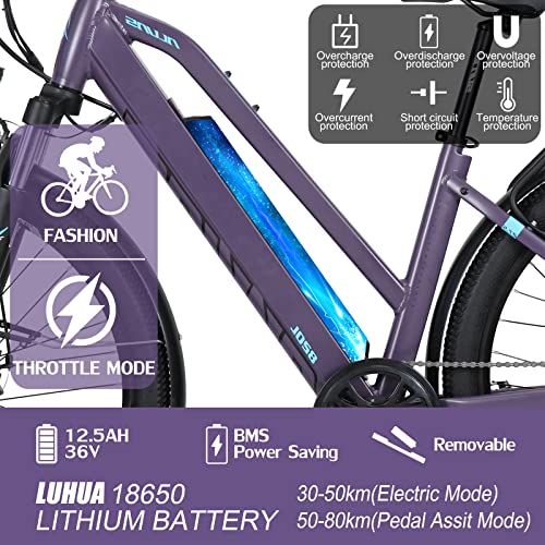 AKEZ Bicicleta eléctrica para mujer de 27,5 pulgadas, 250 W, 36 V, 12,5 Ah, batería de litio, bicicleta eléctrica para adultos con motor Bafang y engranajes Shimano de 7 velocidades, color morado