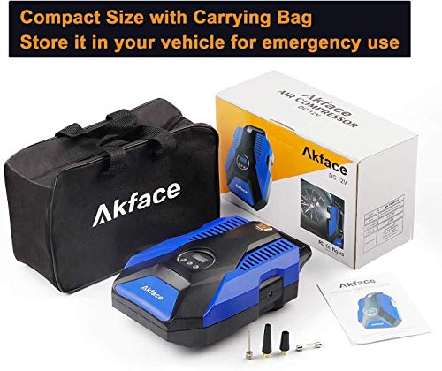 Akface Compresor de Aire Coche,Inflador Coches Portatil,Inflador Neumaticos Hasta 150 PSI,Compresores 12v para Bicicleta de Coche y Otros Inflables,Azul