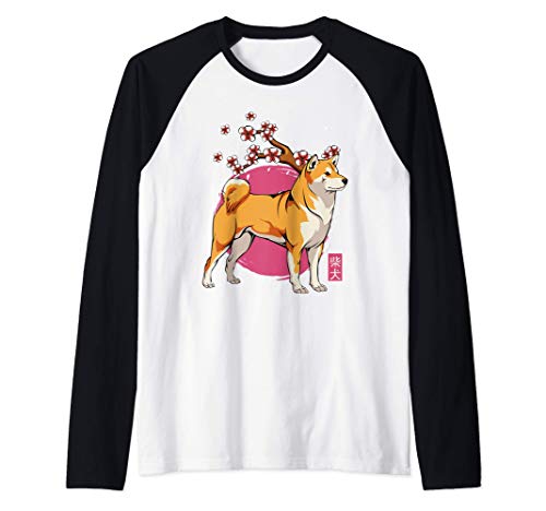 Akita Shiba Inu Dog Flor de Cerezo Japonés Flor de Sakura Camiseta Manga Raglan