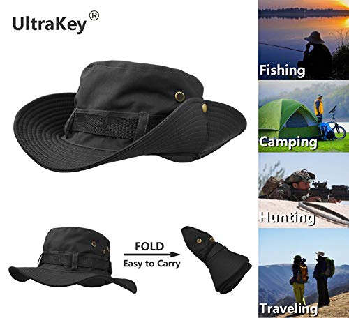 Al aire libre ala ancha sol protege el sombrero, doble capa clásica US combate estilo ejército Bush Jungle Sun Cap para pesca, caza, camping, Negro, talla única