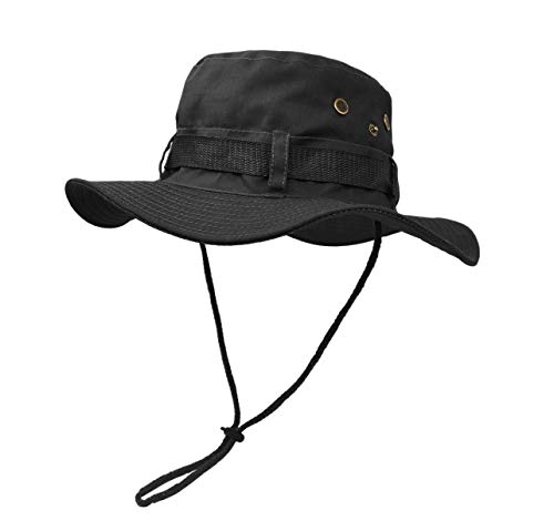 Al aire libre ala ancha sol protege el sombrero, doble capa clásica US combate estilo ejército Bush Jungle Sun Cap para pesca, caza, camping, Negro, talla única