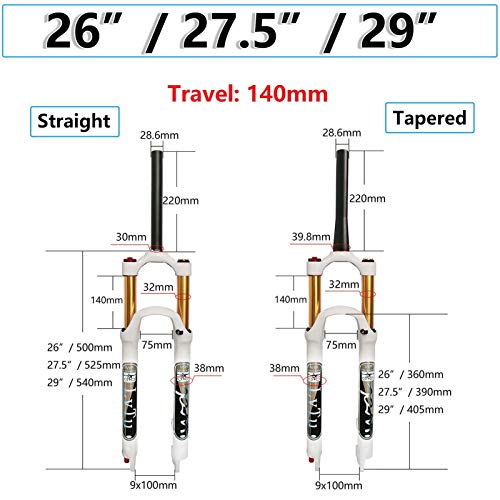 ALBN Horquilla de suspensión neumática para Bicicleta de montaña MTB 26/27.5/29 Pulgadas, aleación de magnesio Ultraligera Travel 140 mm Horquillas Delanteras de Bicicleta 9 mm Blanco