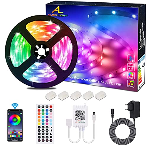 ALED LIGHT Tiras LED 5050 RGB 5m de Longitud 150 LED Multicolor Control Remoto de 44 Botones y Fuente de Alimentación