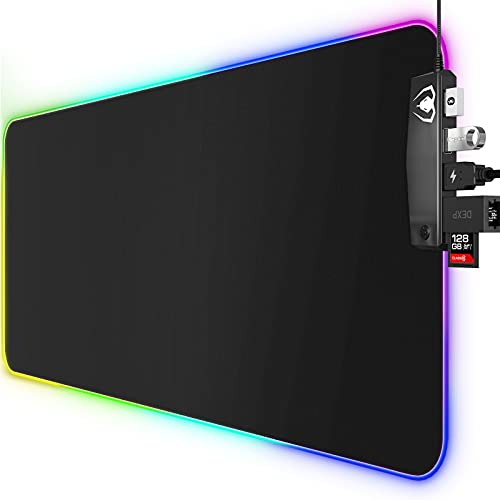 Alfombrilla Ratón Gaming, Alfombrilla Gaming RGB Grande XXL con 4 Puertos USB, 14 Modos de Luz, Base de Goma, Alfombrilla Ratón de LED Extendida y Plana para Velocidad y Control, 800 x 300mm