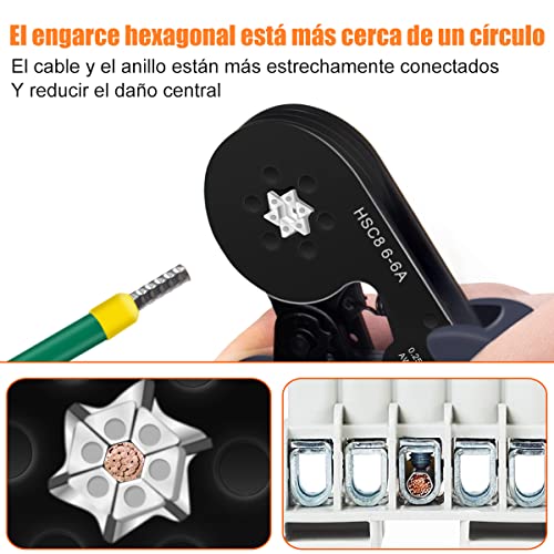 Alicates Terminales hexagonal,Preciva Alicate hexagonal de trinquete ajustable,se utiliza para extremos de cable de 0.25-6.0mm² / AWG 23-10 con 1900 Pcs conector de cable