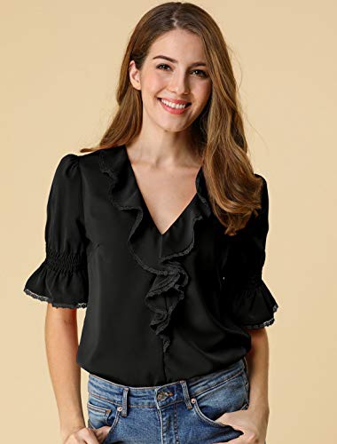 Allegra K Blusa De Manga De Campana con Cuello En V Y Volantes para Mujer, Blusa Campesina De Gasa Informal Vintage De Verano Negro M